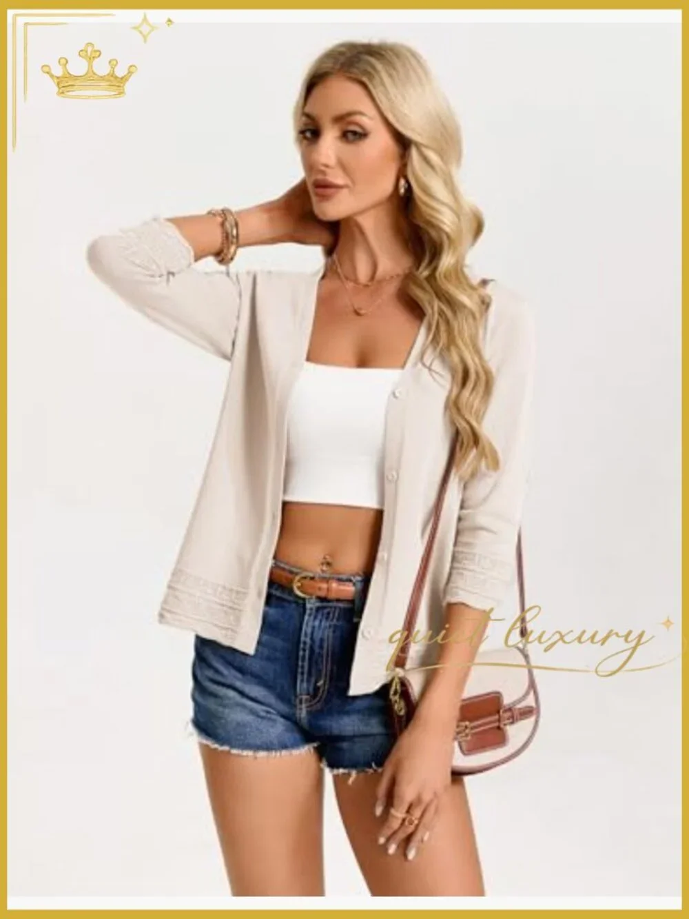 Lightweight 3/4 Sleeve Open Front Button Down Cardigan Sweater - Picture 2 of 7